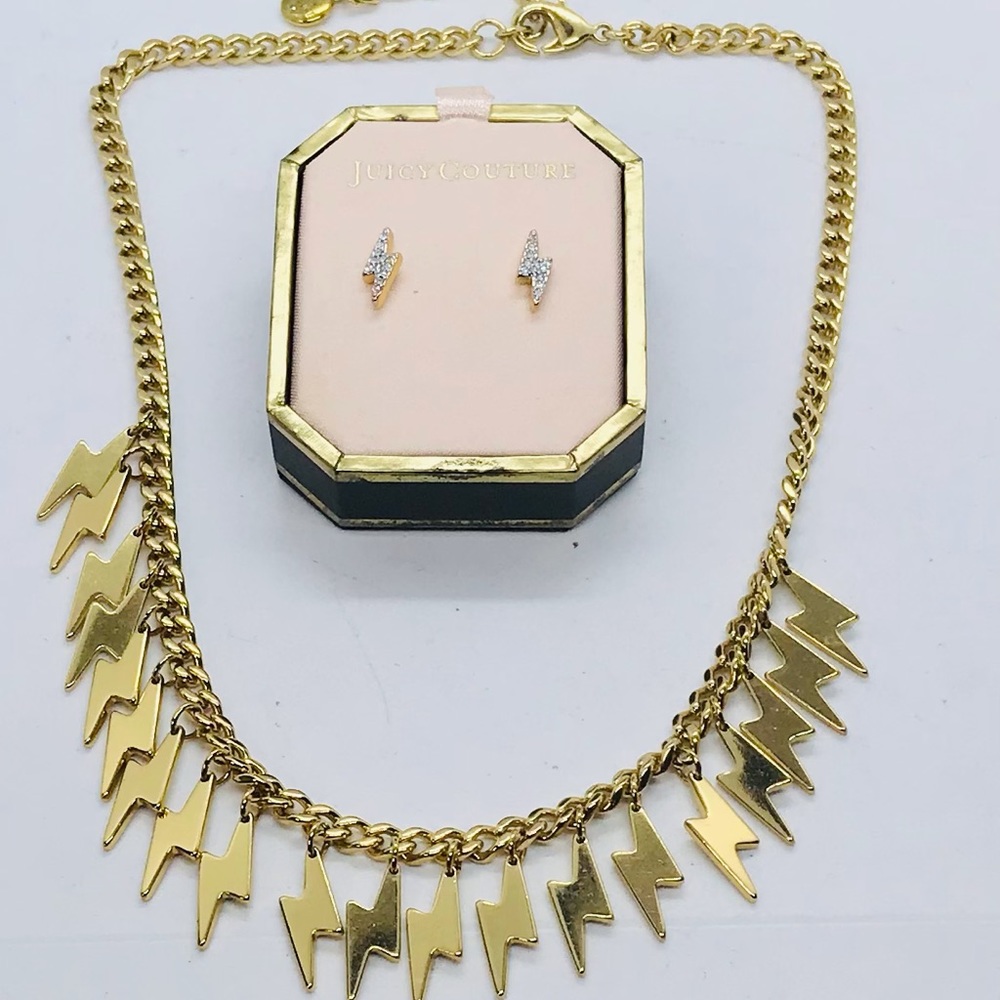 New, Juicy Couture Gold Tone Lighting Necklace & Earring Set